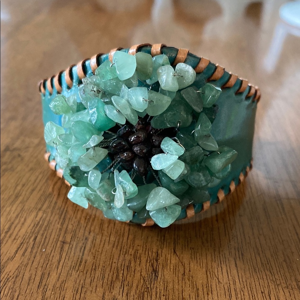 Boho Green Leather Cuff  Bracelet With Vintage Green Aventurine and Laced Edge